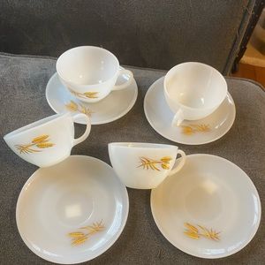 Set of four fire king cups and saucers wheat design